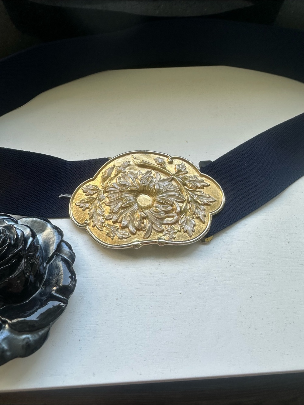 Vintage Charmant Gold Floral and Navy Blue Rose Buckles w/ Waist Belt 1970s